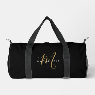 Elegant Modern Black Gold Script Monogram Duffle Bag