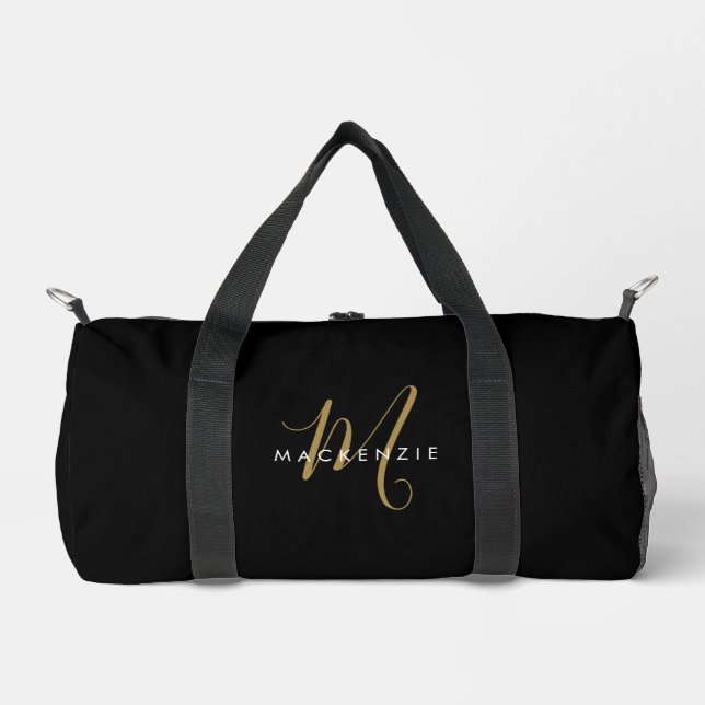 Elegant Modern Black Gold Script Monogram Duffle Bag (Front)