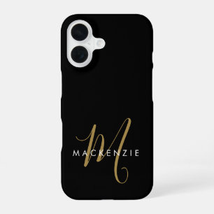 Elegant Modern Black Gold Script Monogram iPhone 16 Case