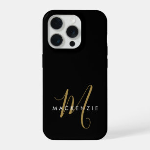 Elegant Modern Black Gold Script Monogram iPhone 15 Pro Case