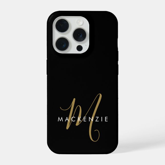 Elegant Modern Black Gold Script Monogram iPhone Case (Back)