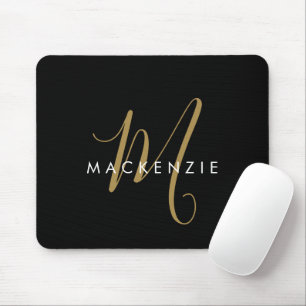 Elegant Modern Black Gold Script Monogram Mouse Mat