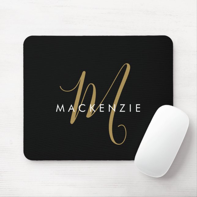 Elegant Modern Black Gold Script Monogram Mouse Mat (With Mouse)