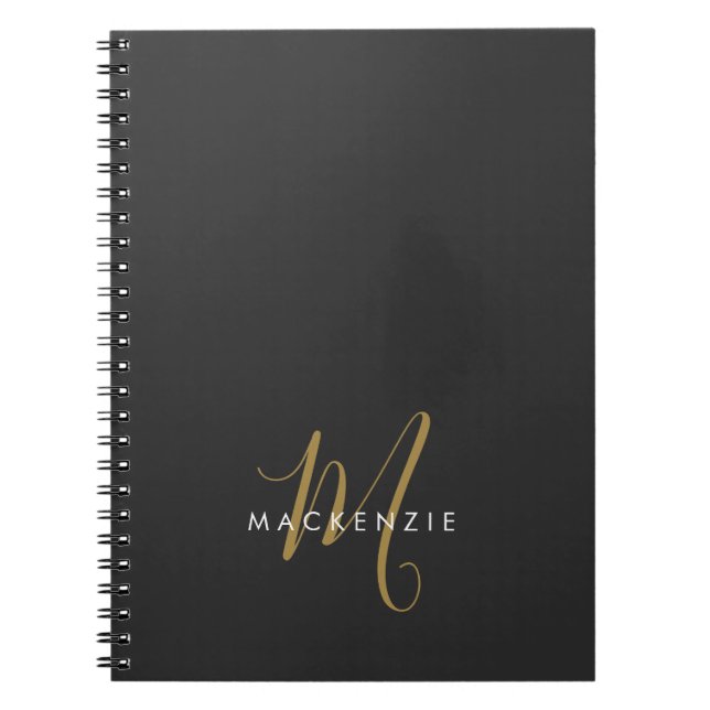 Elegant Modern Black Gold Script Monogram Notebook (Front)