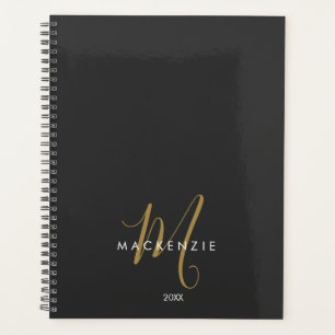 Elegant Modern Black Gold Script Monogram Planner