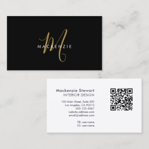 Elegant Modern Black Gold Script Monogram QR Code Business Card