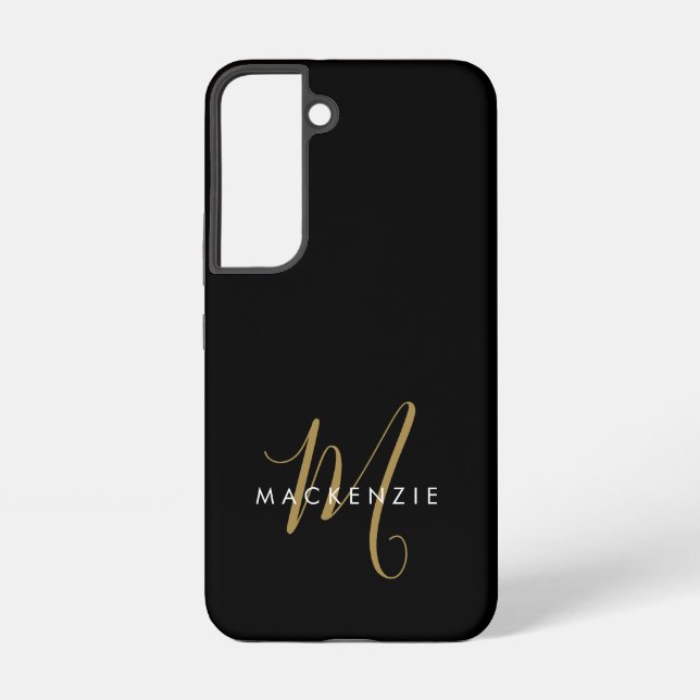 Elegant Modern Black Gold Script Monogram Samsung Galaxy S22 Case (Back)