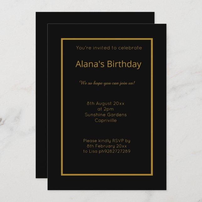 ELEGANT MODERN BLACK GOLD SIMPLE ALL OCASSION INVITATION (Front/Back)
