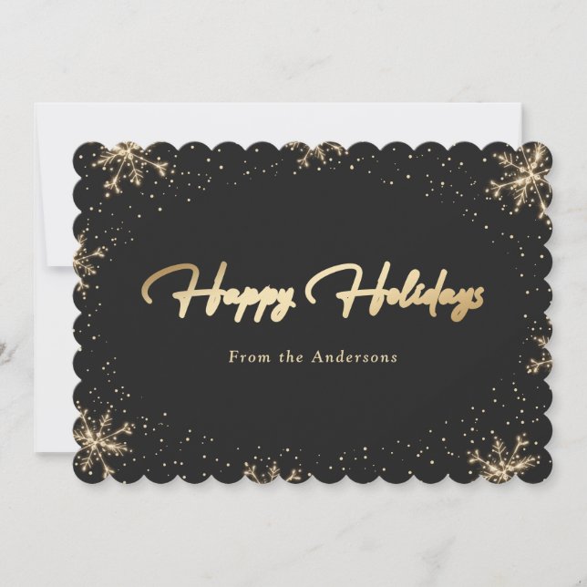 Elegant Modern Black Gold Snowflake Holiday Card (Front)