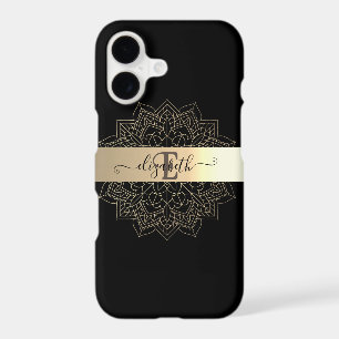 Elegant Modern Black Gold Stripe Floral Mandala
