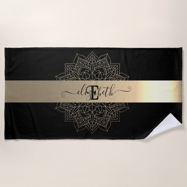 Elegant Modern Black Gold  Stripe Floral Mandala  Beach Towel (Front)