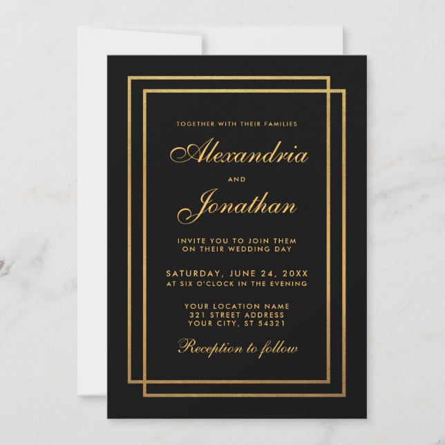 Elegant Modern Black Gold Wedding Invitation (Front)
