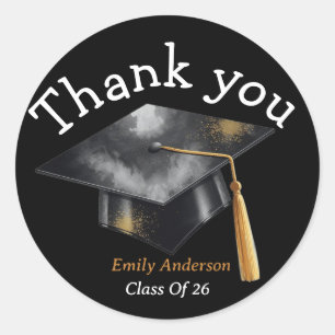 Elegant Modern Black Graduation Cap Gold Classic Round Sticker