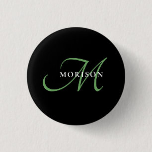 Elegant Modern Black Green Script Monogram 3 Cm Round Badge