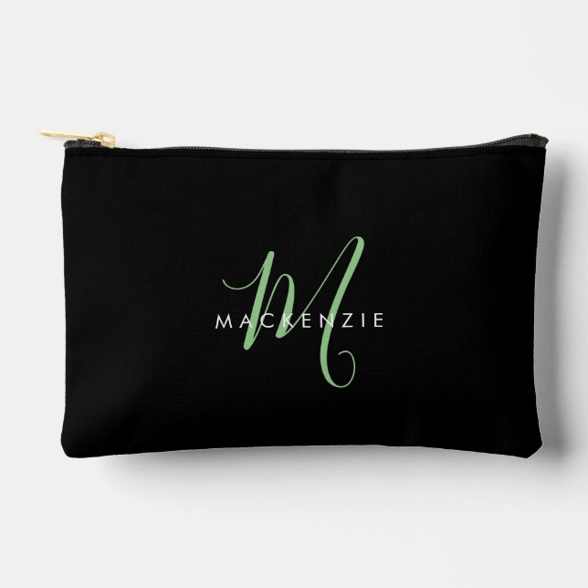 Elegant Modern Black Green Script Monogram Accessory Pouch (Front)