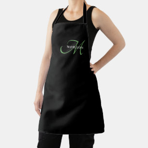 Elegant Modern Black Green Script Monogram Apron