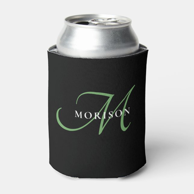 Elegant Modern Black Green Script Monogram Can Cooler (Can Front)