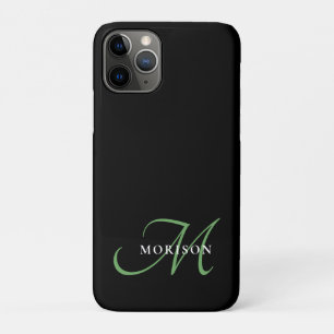 Elegant Modern Black Green Script Monogram iPhone 11 Pro Case