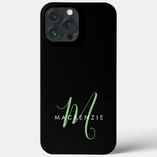 Elegant Modern Black Green Script Monogram iPhone 13 Pro Max Case