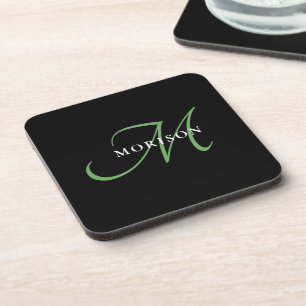 Elegant Modern Black Green Script Monogram Coaster