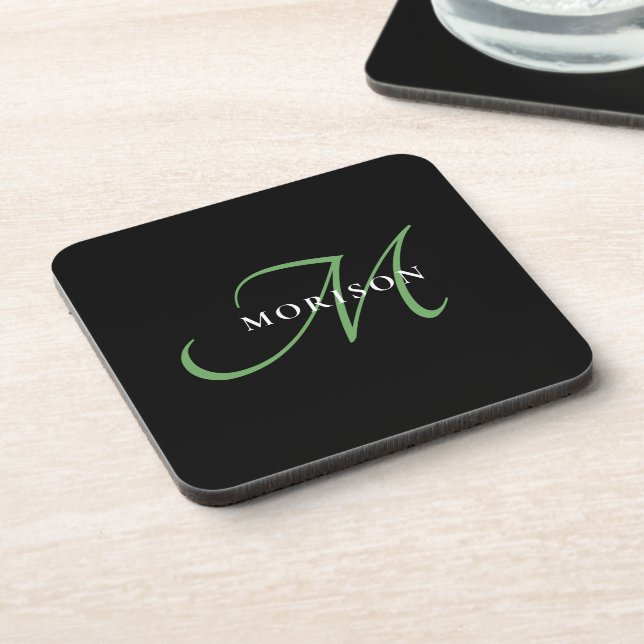 Elegant Modern Black Green Script Monogram Coaster (Left Side)