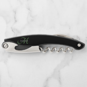 Elegant Modern Black Green Script Monogram Corkscrew