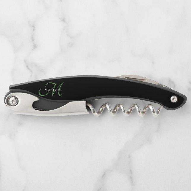 Elegant Modern Black Green Script Monogram Corkscrew (Front)