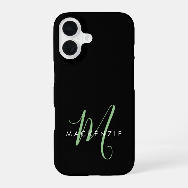 Elegant Modern Black Green Script Monogram iPhone 16 Case (Back)