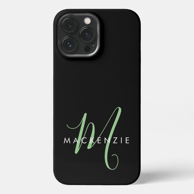 Elegant Modern Black Green Script Monogram iPhone Case (Back)