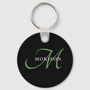 Elegant Modern Black Green Script Monogram Key Ring