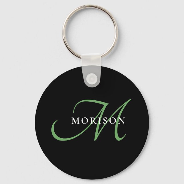 Elegant Modern Black Green Script Monogram Key Ring (Front)
