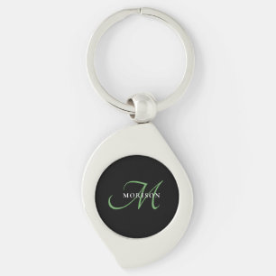 Elegant Modern Black Green Script Monogram Key Ring