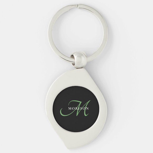 Elegant Modern Black Green Script Monogram Key Ring (Front)