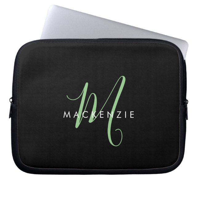Elegant Modern Black Green Script Monogram Laptop Sleeve (Front)