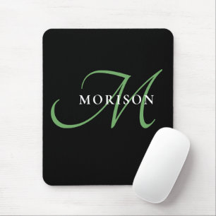 Elegant Modern Black Green Script Monogram Mouse Mat