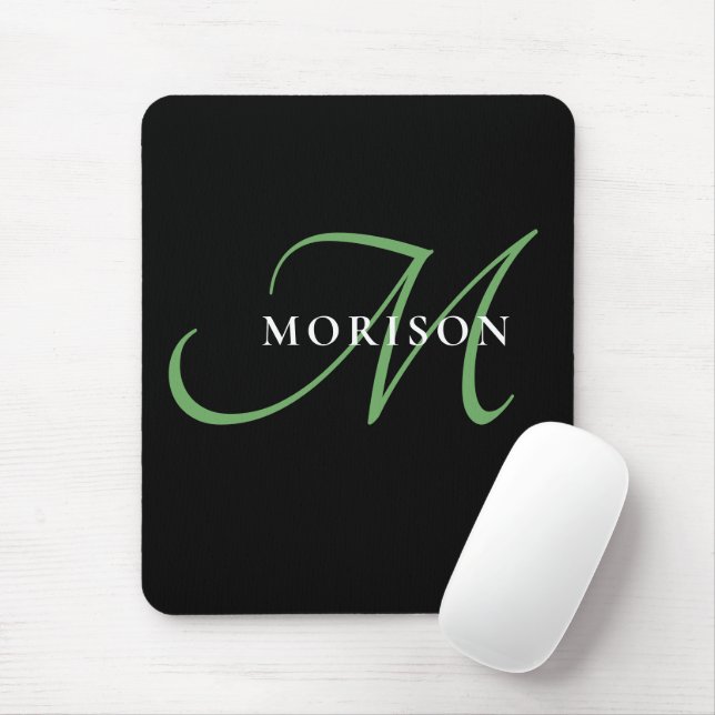 Elegant Modern Black Green Script Monogram Mouse Mat (With Mouse)