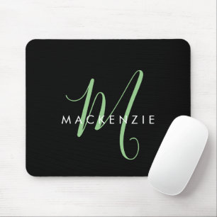 Elegant Modern Black Green Script Monogram Mouse Mat