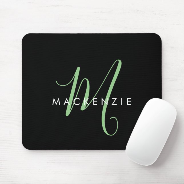 Elegant Modern Black Green Script Monogram Mouse Mat (With Mouse)