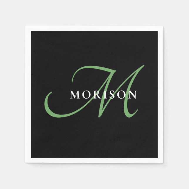 Elegant Modern Black Green Script Monogram Napkin (Front)