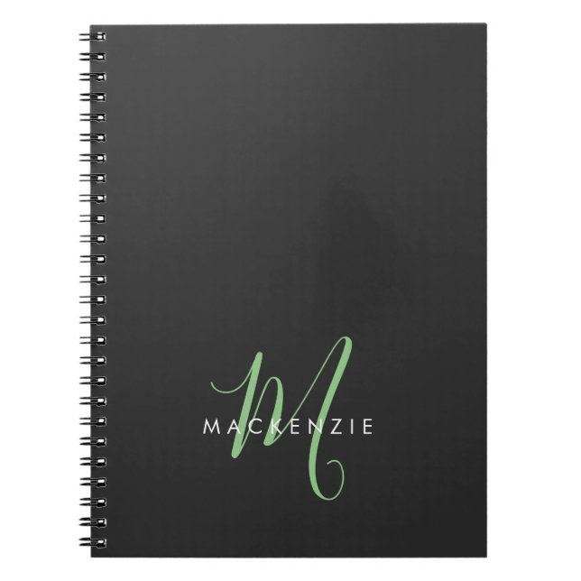 Elegant Modern Black Green Script Monogram Notebook (Front)