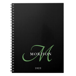 Elegant Modern Black Green Script Monogram Notebook