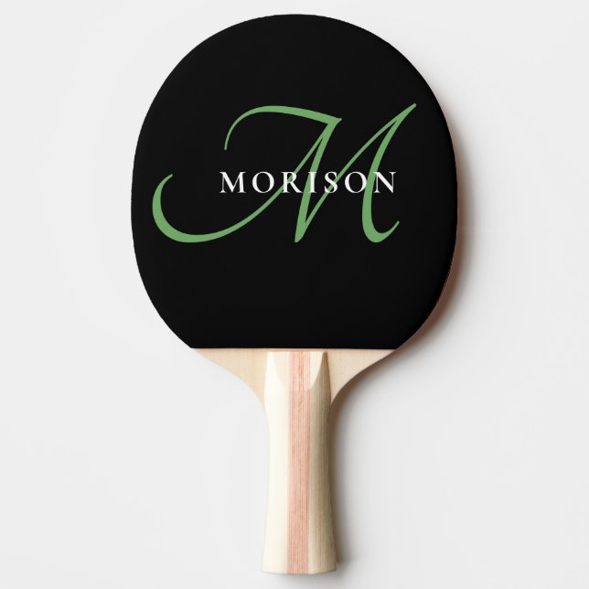 Elegant Modern Black Green Script Monogram Ping Pong Paddle (Front)