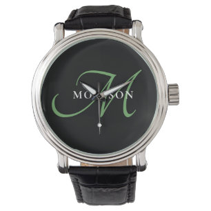 Elegant Modern Black Green Script Monogram Watch