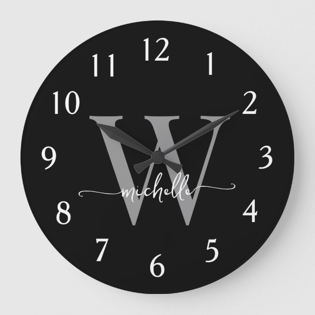 Elegant Modern Black Grey Monogram Name Script Large Clock (Front)