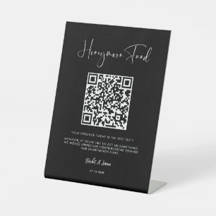 Elegant & Modern Black Honeymoon fund QR code Pedestal Sign