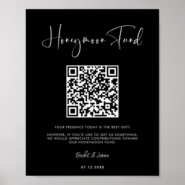 Elegant & Modern Black Honeymoon fund QR code Poster (Front)