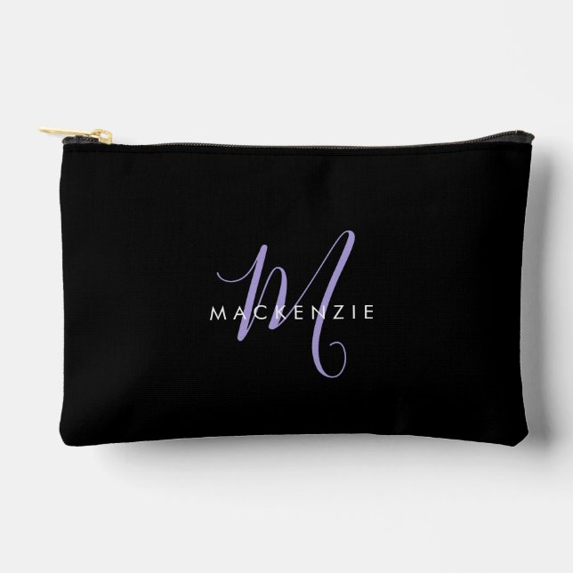 Elegant Modern Black Lavender Script Monogram Accessory Pouch (Front)