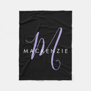 Elegant Modern Black Lavender Script Monogram Fleece Blanket