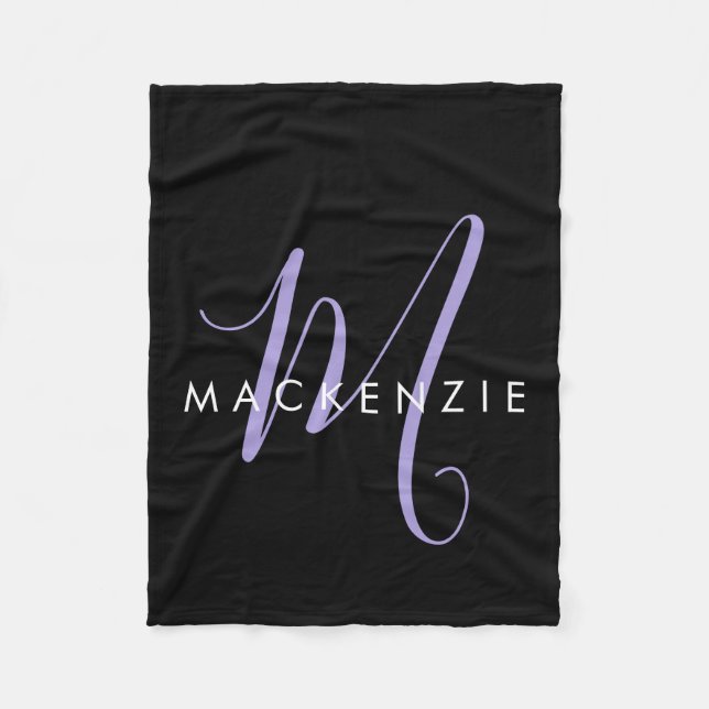 Elegant Modern Black Lavender Script Monogram Fleece Blanket (Front)