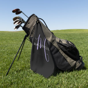 Elegant Modern Black Lavender Script Monogram Golf Towel